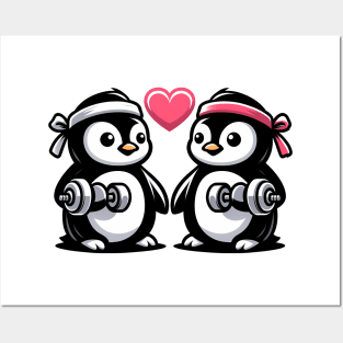 Penguin Couple Pumping Iron Posters and Art